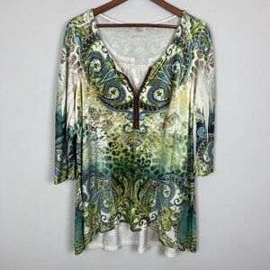 One World Tunic Top Womens 1X Green Funky Boho Velvet Front Wearable Art to Wear